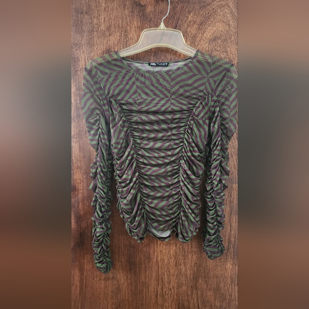 Zara Green and Purple Ruched Blouse